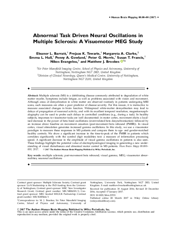 (PDF) Abnormal task driven neural oscillations in multiple sclerosis: A ...