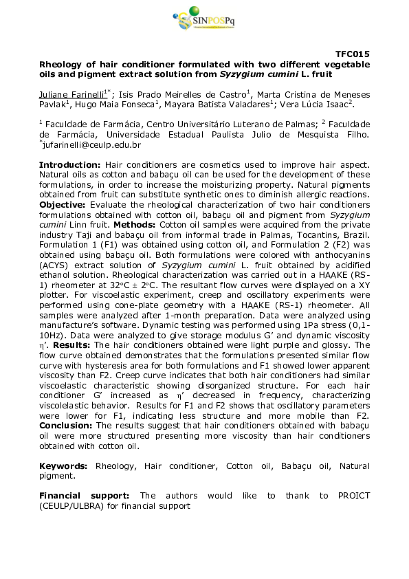 TFC015 Rheology of hair conditioner formulated with two different vegetable oils and pigment extract solution from Syzygium cumini L. fruit