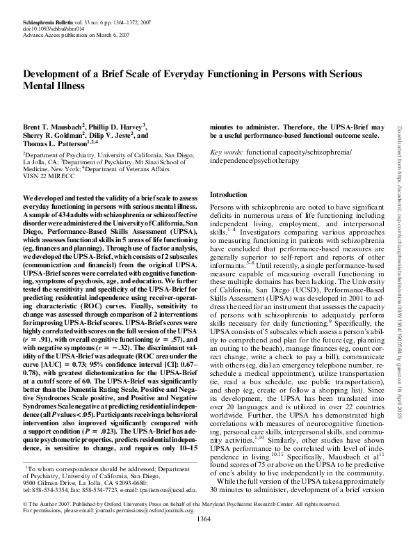 (PDF) Development of a Brief Scale of Everyday Functioning in Persons ...
