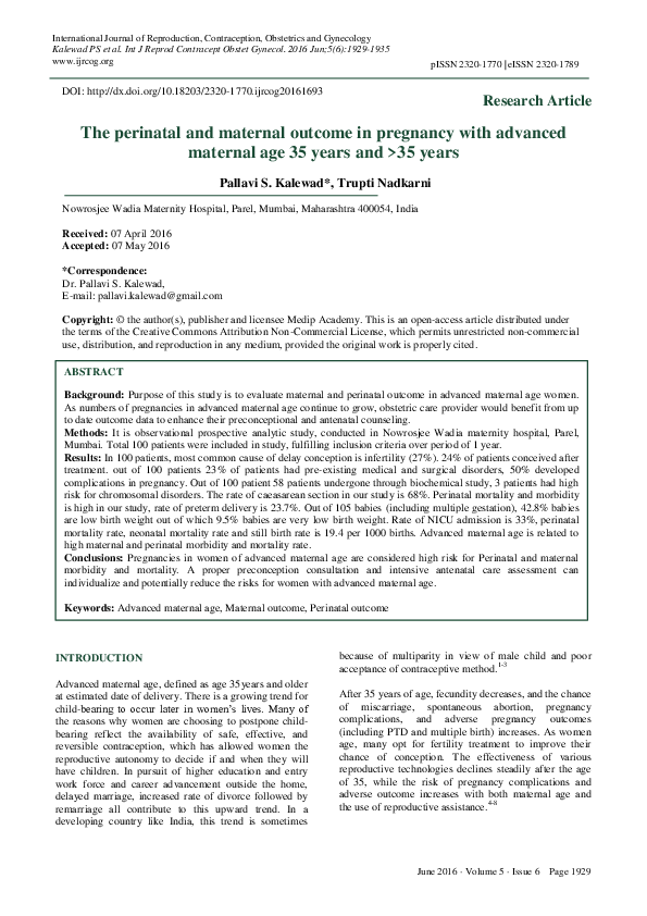 (PDF) The perinatal and maternal outcome in pregnancy with advanced ...