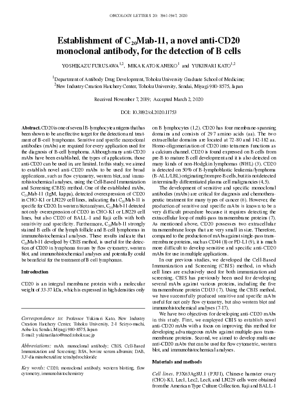 (PDF) Establishment of C20Mab‑11, a novel anti‑CD20 monoclonal antibody ...