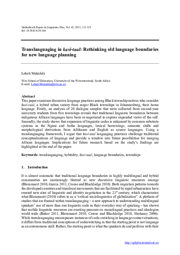 (PDF) Translanguaging in kasi-taal: Rethinking old language boundaries ...