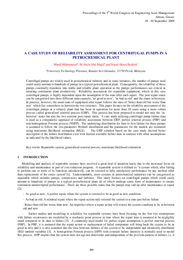 (PDF) A case study of reliability assessment for centrifugal pumps in a ...