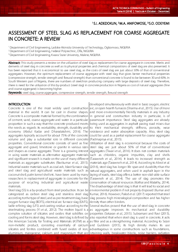 (PDF) ASSESSMENT OF STEEL SLAG AS REPLACEMENT FOR COARSE AGGREGATE IN ...