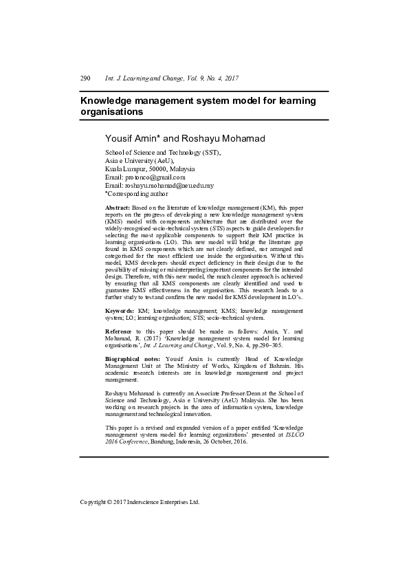 (PDF) Knowledge Management System Model for Learning Organizations