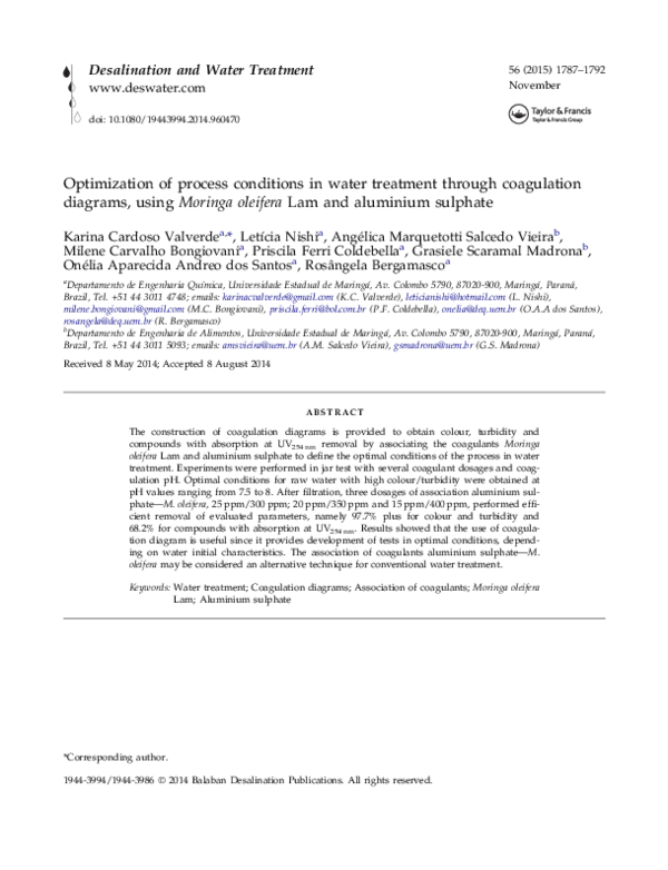 Optimization of process conditions in water treatment through coagulation diagrams, usingMoringa oleiferaLam and aluminium sulphate