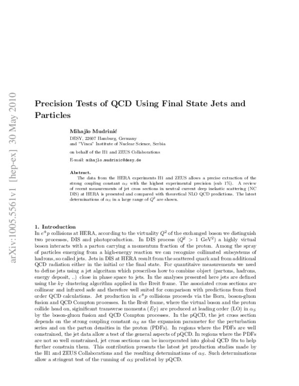(PDF) Precision Tests of QCD Using Final State Jets and Particles