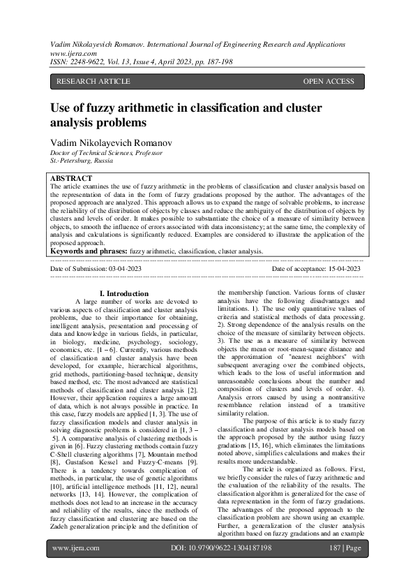 (PDF) Use of fuzzy arithmetic in classification and cluster analysis ...