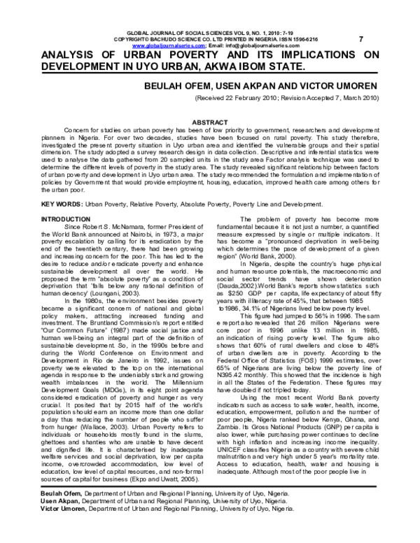 (PDF) Analysis of urban poverty and its implications on development in ...