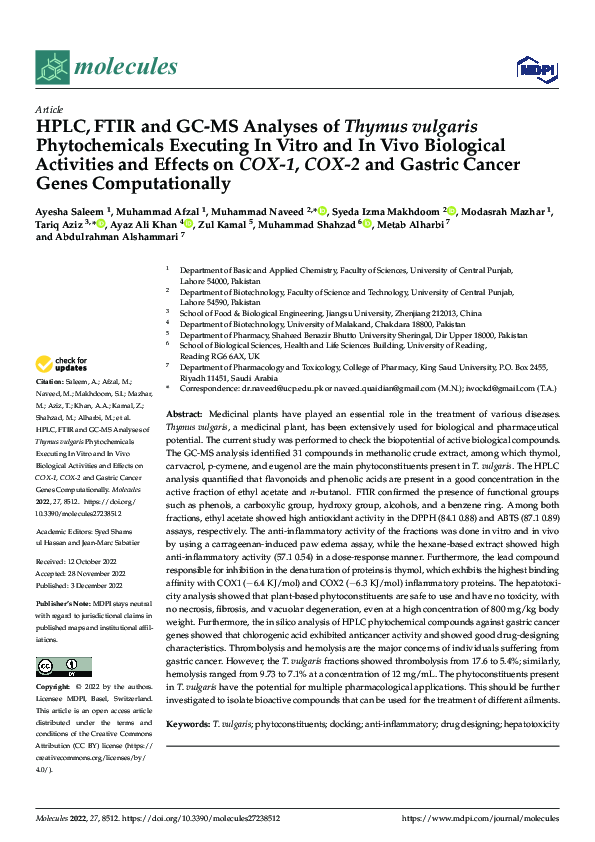 (PDF) HPLC, FTIR and GC-MS Analyses of Thymus vulgaris Phytochemicals ...