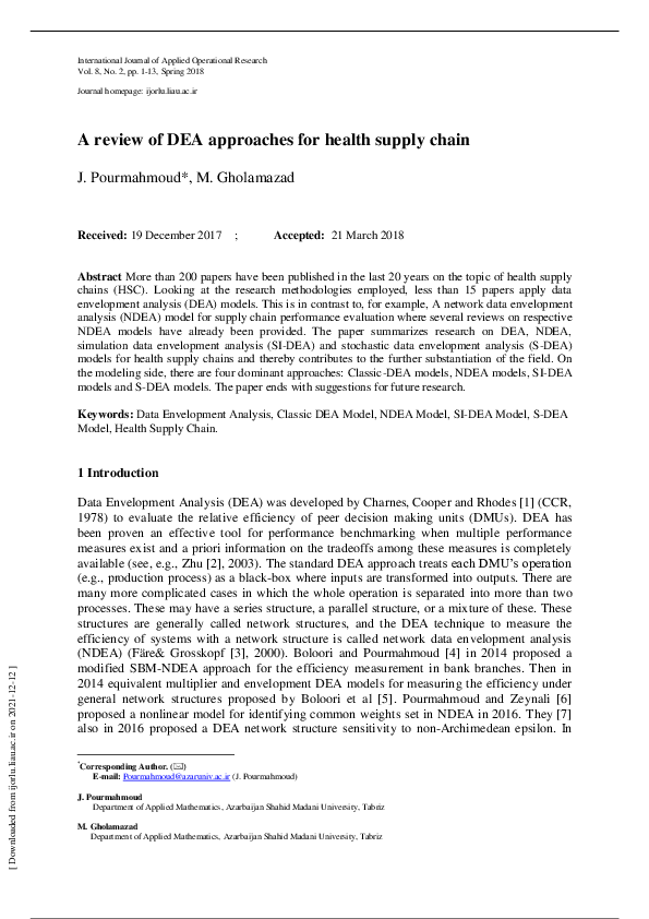 (PDF) A Review Of DEA Approaches For Health Supply Chain