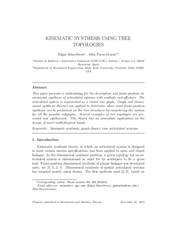 (PDF) Kinematic synthesis using tree topologies