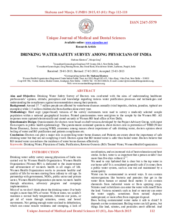 (PDF) Drinking Water Safety Survey Among Physicians of India