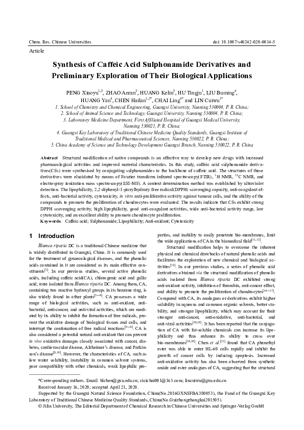 (PDF) Synthesis of Caffeic Acid Sulphonamide Derivatives and ...