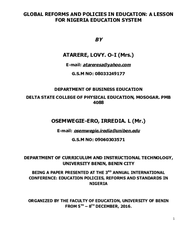 (DOC) GLOBAL REFORMS AND POLICIES IN EDUCATION: A LESSON FOR NIGERIA ...