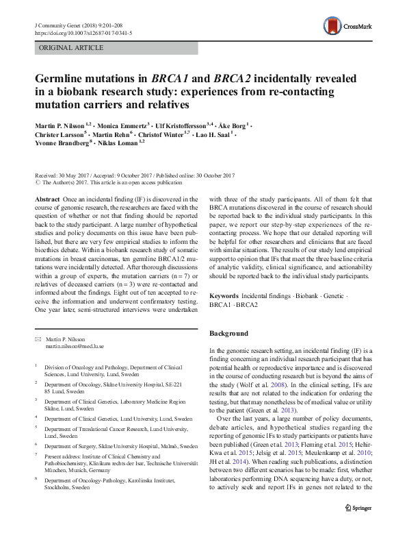 (PDF) Germline mutations in BRCA1 and BRCA2 incidentally revealed in a ...