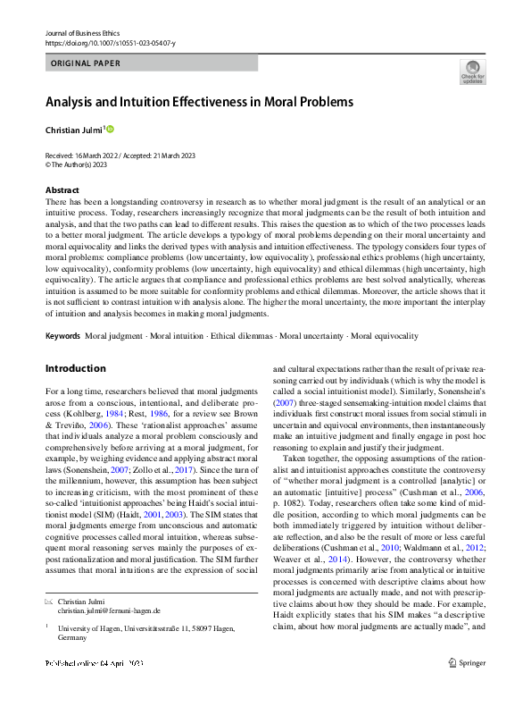 (PDF) Analysis and Intuition Effectiveness in Moral Problems