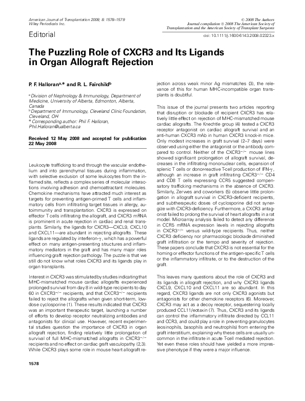 (PDF) The Puzzling Role of CXCR3 and Its Ligands in Organ Allograft ...