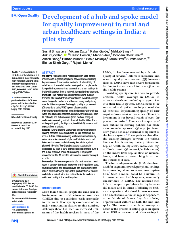 (PDF) Development of a hub and spoke model for quality improvement in ...
