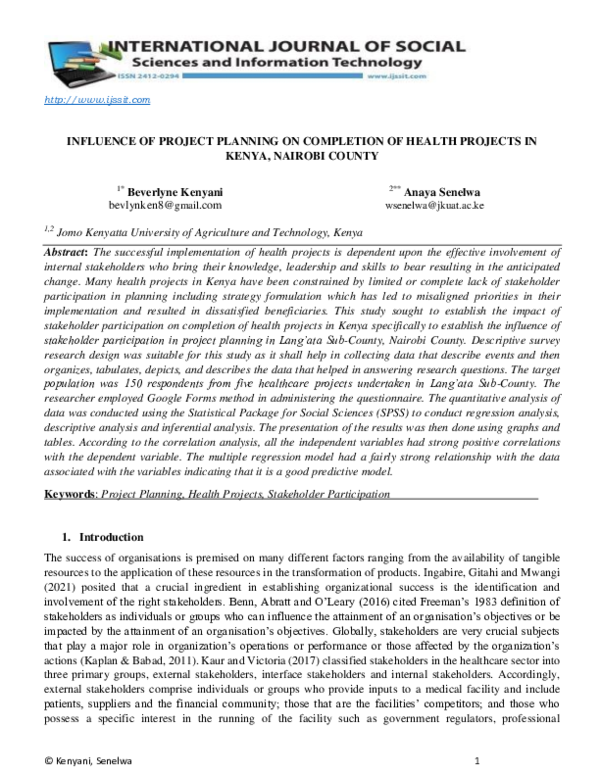 (PDF) INFLUENCE OF PROJECT PLANNING ON COMPLETION OF HEALTH PROJECTS IN ...