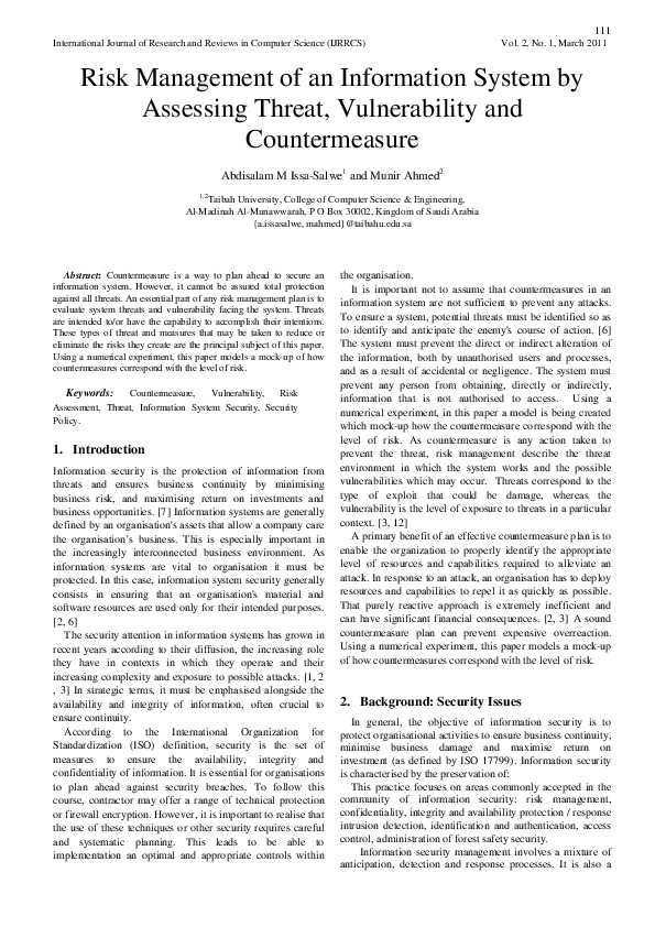 Pdf Risk Management Of An Information System By Assessing Threat Vulnerability And Countermeasure Pdf Risk Management Of An Information System By Assessing Threat Vulnerability And Countermeasure
