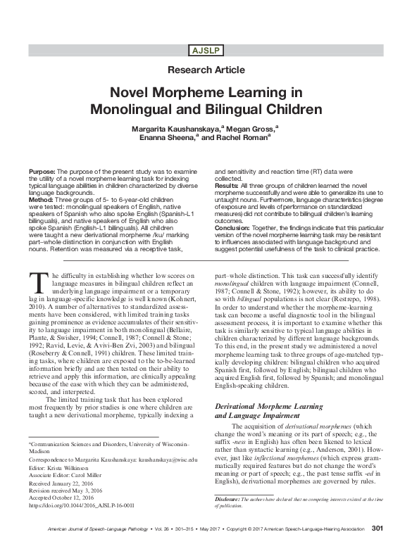 (PDF) Novel Morpheme Learning in Monolingual and Bilingual Children
