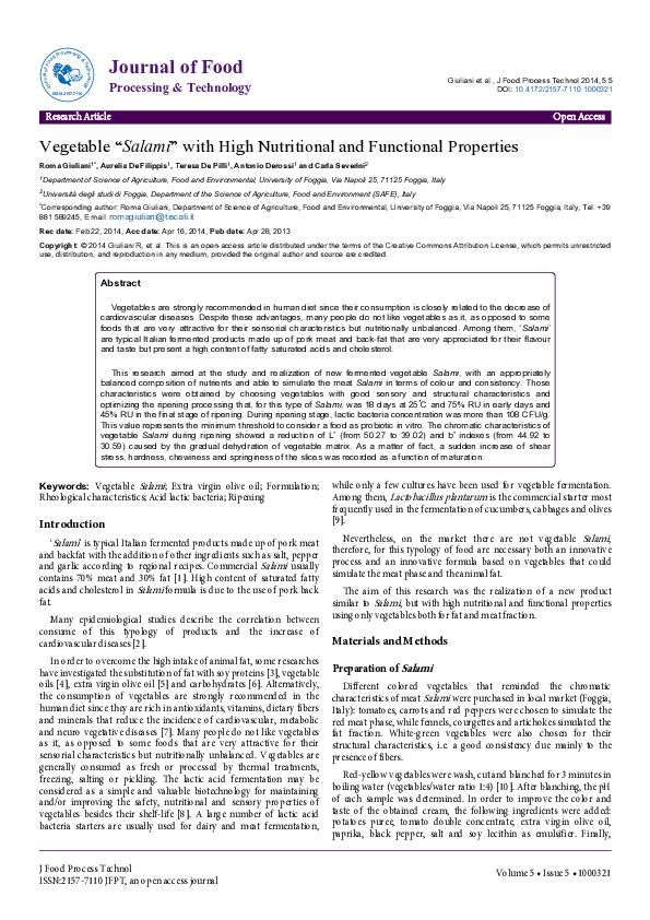 (PDF) Vegetable Salami with High Nutritional and Functional Properties