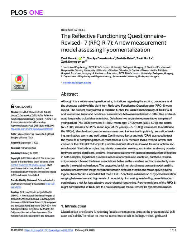 (PDF) The Reflective Functioning Questionnaire–Revised– 7 (RFQ-R-7): A ...
