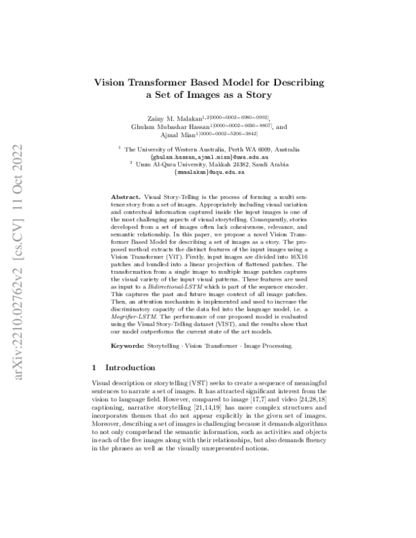 (PDF) Vision Transformer Based Model for Describing a Set of Images as ...