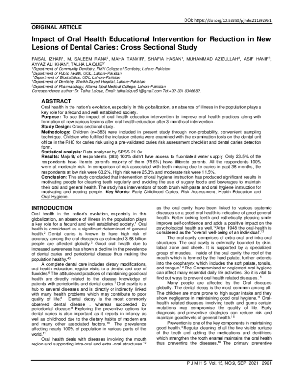(PDF) Impact of Oral Health Educational Intervention for Reduction in ...
