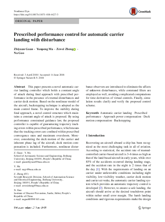(PDF) Prescribed performance control for automatic carrier landing with ...