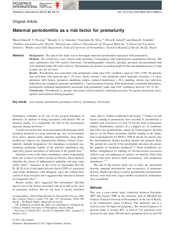 (PDF) Maternal periodontitis as a risk factor for prematurity