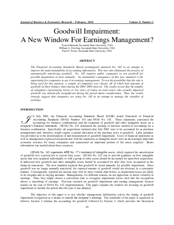 (PDF) Goodwill Impairment: A New Window For Earnings Management?