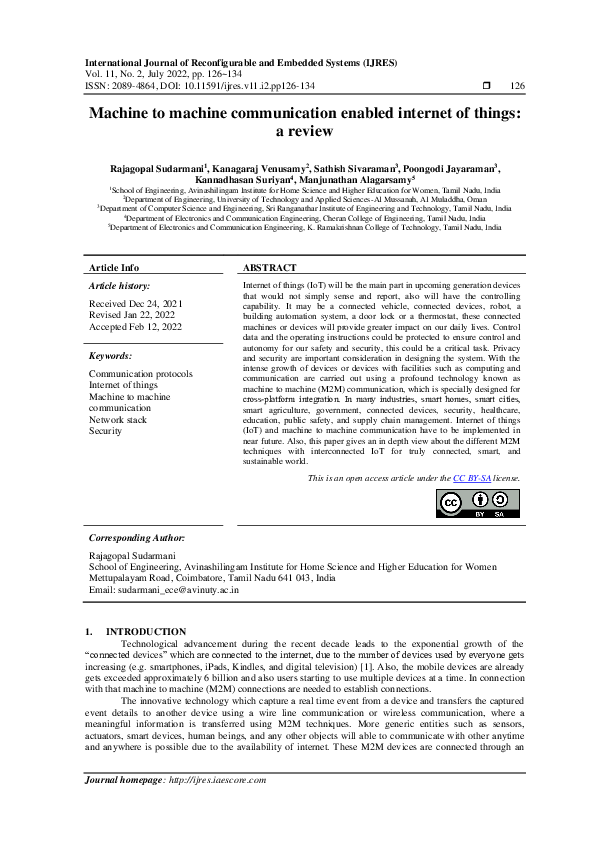 (PDF) Machine to machine communication enabled internet of things: a review
