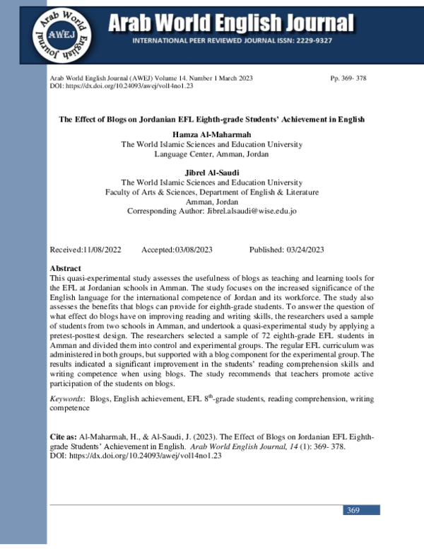 (PDF) The Effect of Blogs on Jordanian EFL Eighth-grade Students ...
