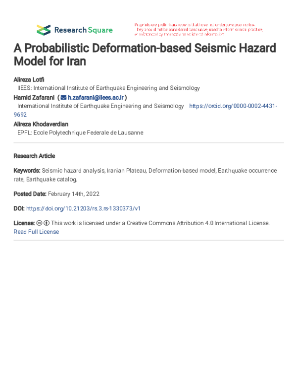(PDF) A Probabilistic Deformation-based Seismic Hazard Model for Iran