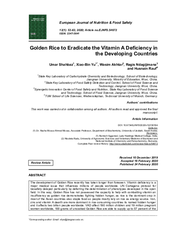 (PDF) Golden Rice to Eradicate the Vitamin A Deficiency in the ...