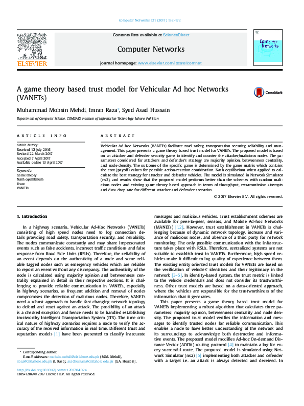 (PDF) A game theory based trust model for Vehicular Ad hoc Networks ...