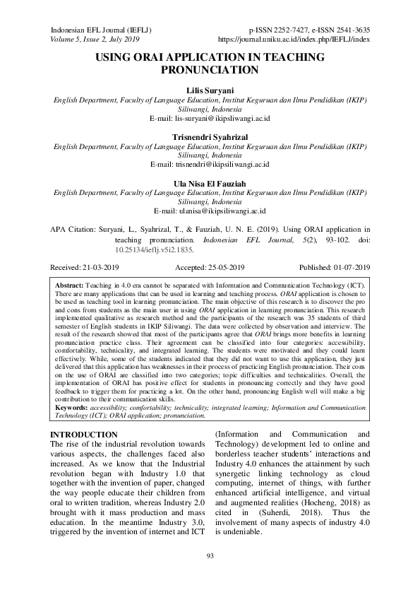 (PDF) Using Orai Application in Teaching Pronunciation Lilis Suryani