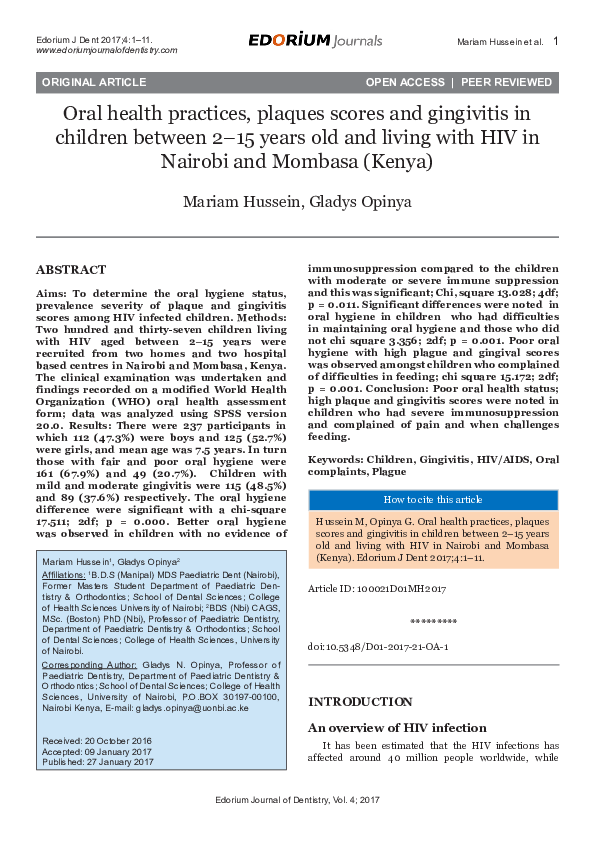 (PDF) Oral hygiene practices and periodontal health in primary school ...
