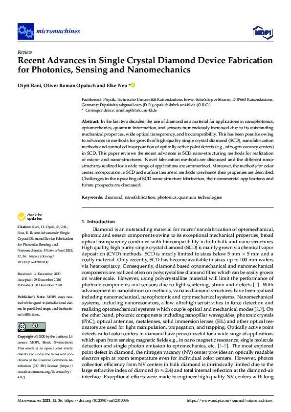 (PDF) Recent Advances in Single Crystal Diamond Device Fabrication for ...