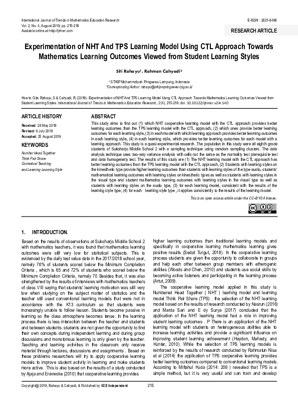 (PDF) Experimentation of NHT And TPS Learning Model Using CTL Approach ...