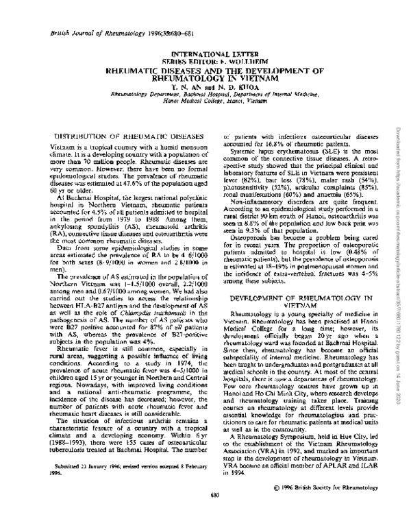 (PDF) Rheumatic Diseases and the Development of Rheumatology in Vietnam