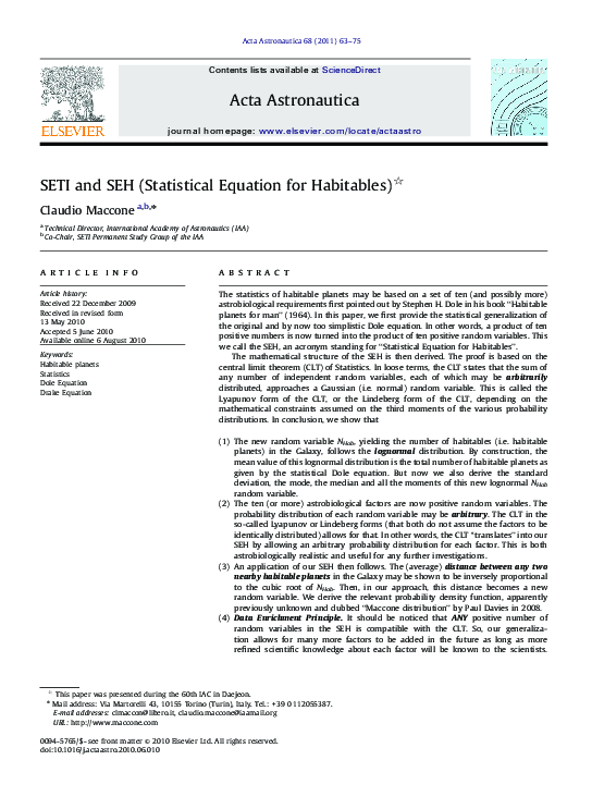 (PDF) SETI and SEH (Statistical Equation for Habitables)