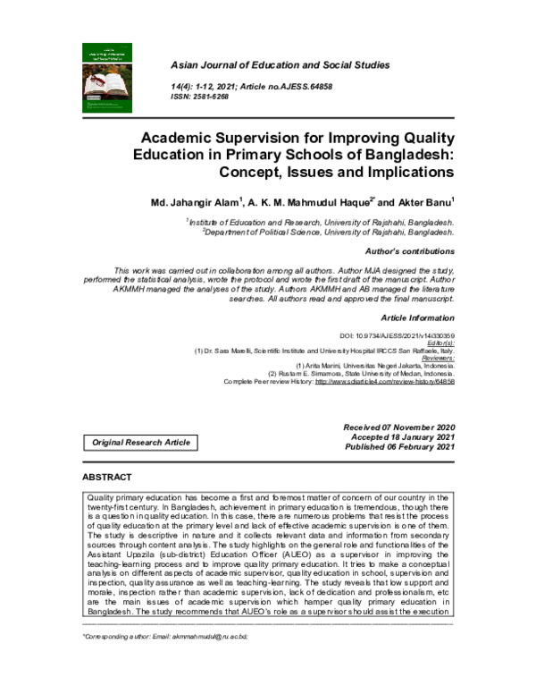 (PDF) Academic Supervision for Improving Quality Education in Primary ...