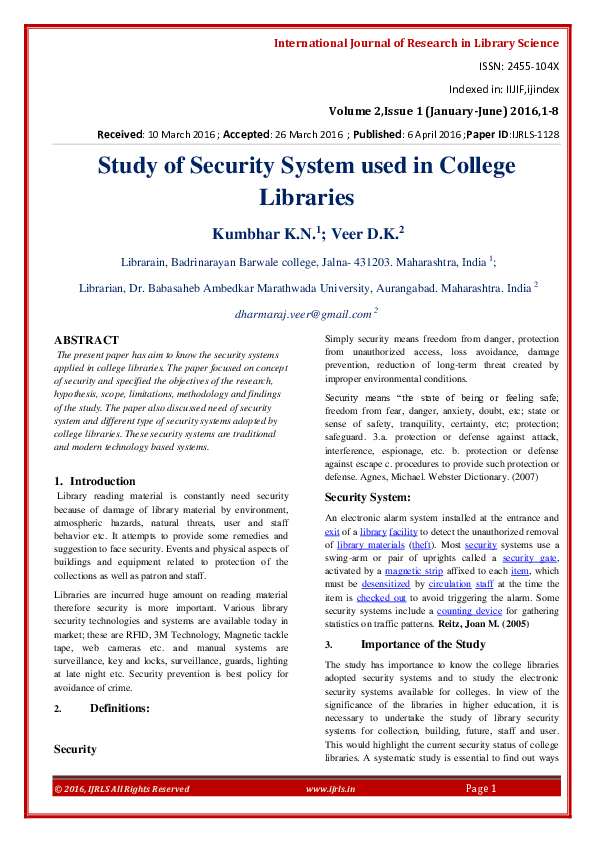 (PDF) Study of Security System used in College Libraries