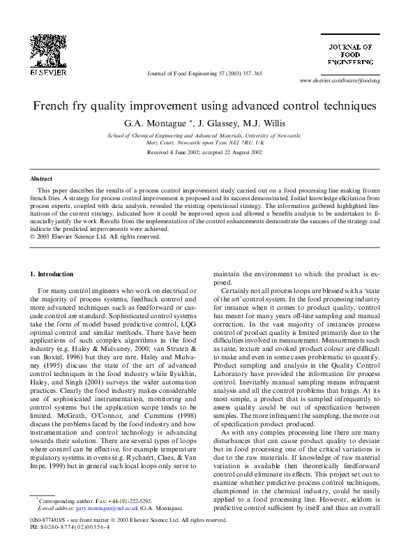 (PDF) French fry quality improvement using advanced control techniques