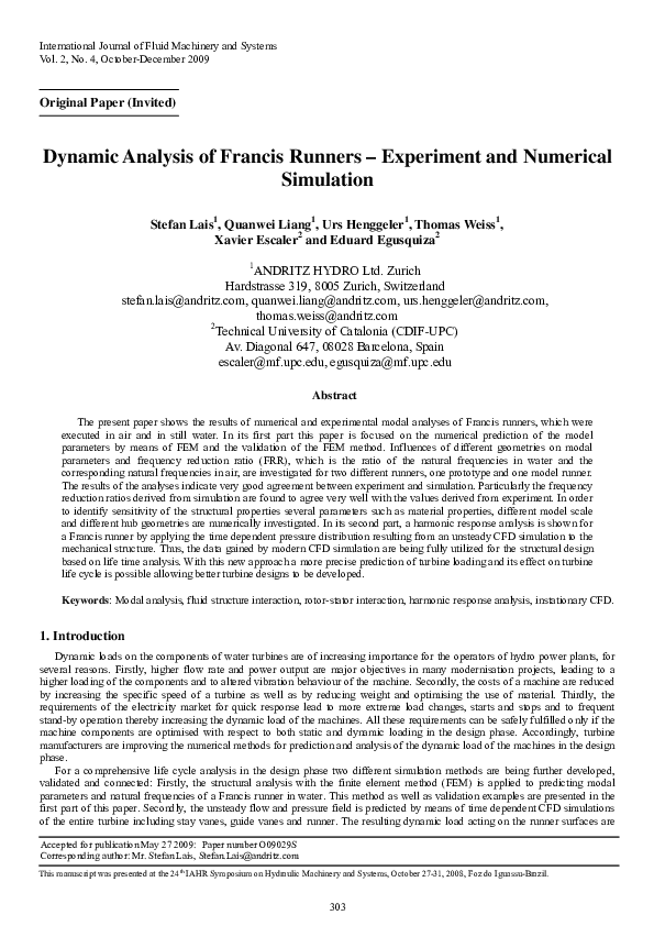 (PDF) Dynamic Analysis of Francis Runners - Experiment and Numerical ...