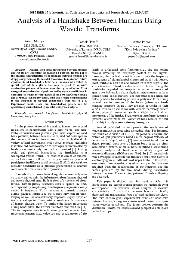 (PDF) Analysis of a handshake between humans using wavelet transforms