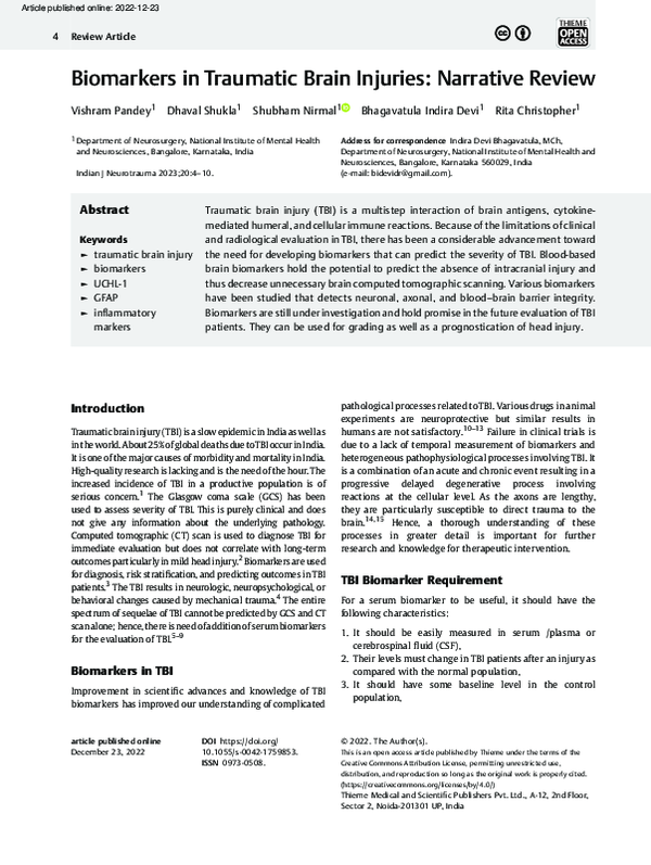 (PDF) Biomarkers in Traumatic Brain Injuries: Narrative Review